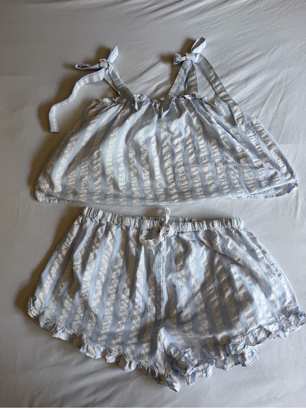 8 Oak Lane 100% Cotton Ruffle Blue White Textured Stripe Tie-Shoulder Set - Picture 17 of 17